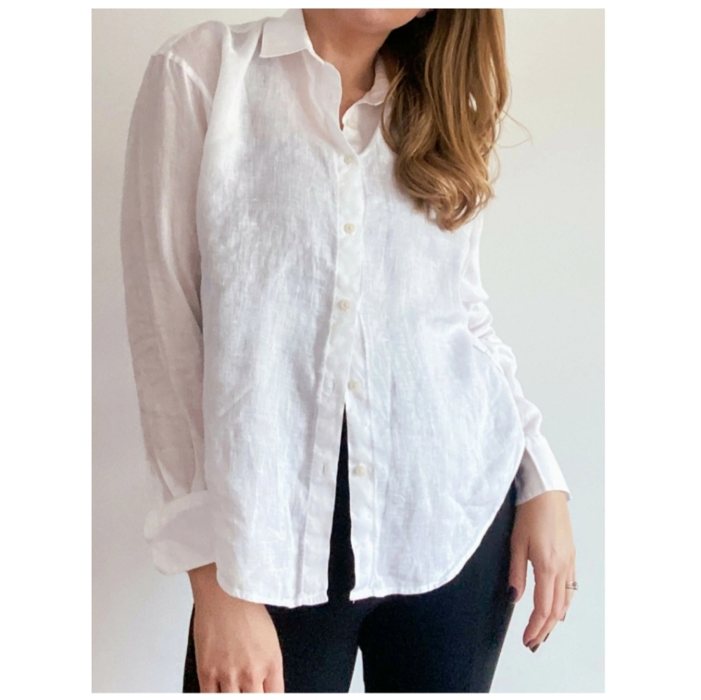 Uniqlo White Linen Button Down Shirt Xs